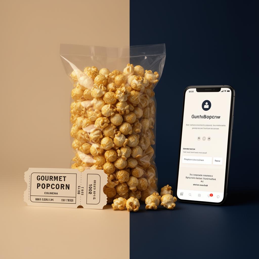 Caso ilustrativo: bolsa de palomitas premium con entrada de cine y landing promocional en móvil