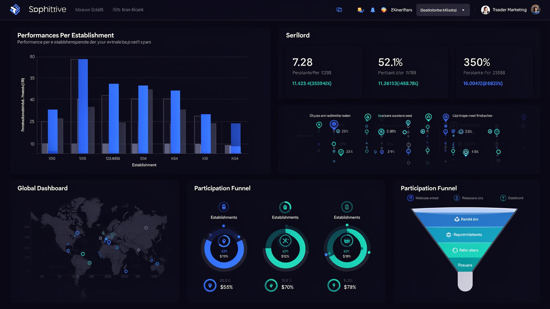 Dashboard global de marca con rendimiento por establecimiento y KPIs