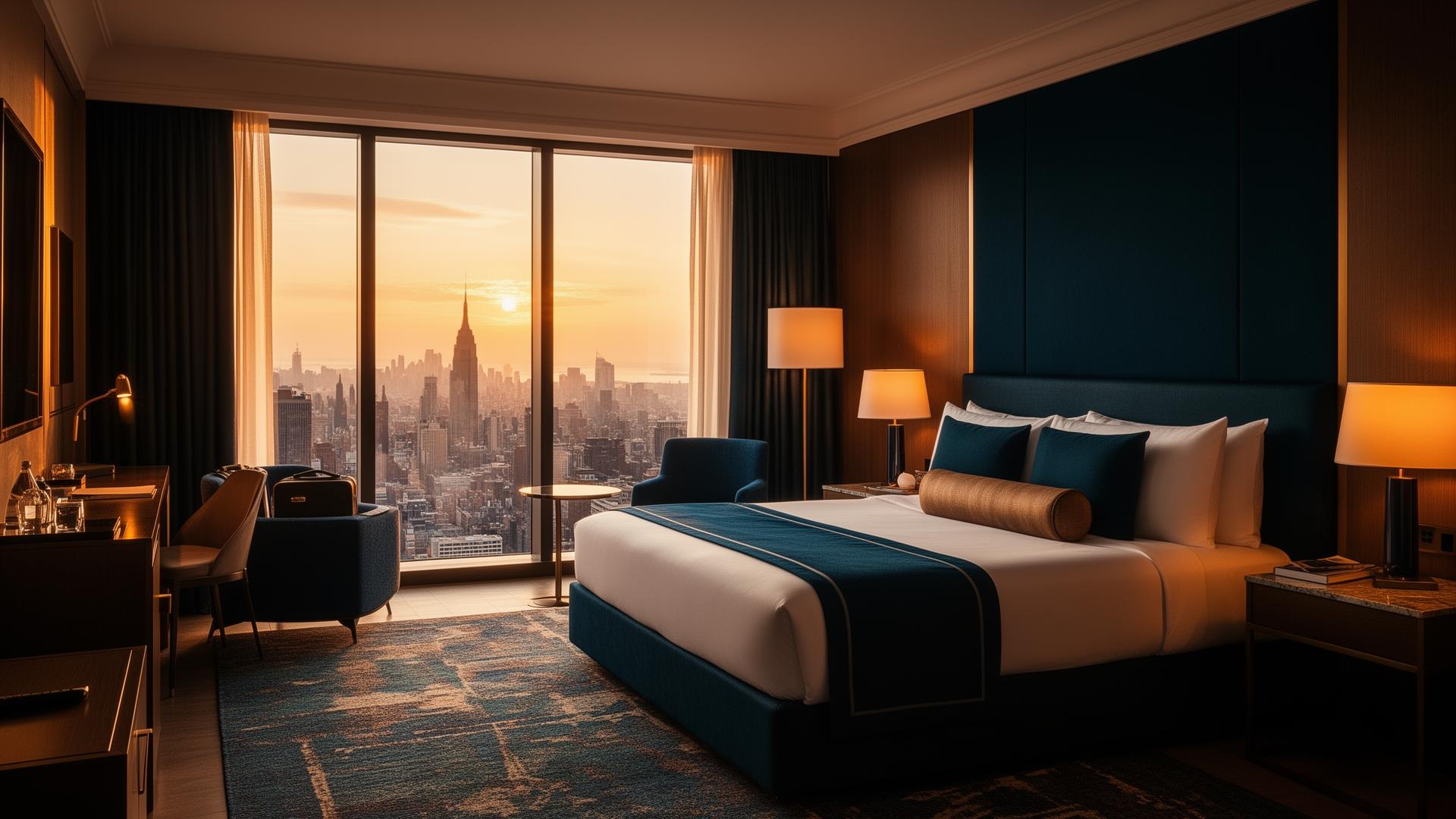 Premium-hotellihuone kaupunkinäköalalla auringonlaskussa